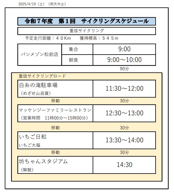 重信サイクリングスケジュール